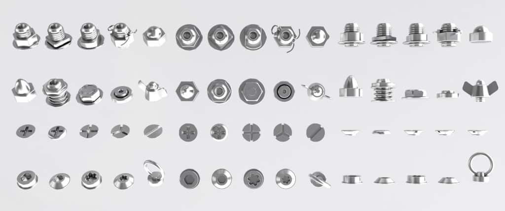 Close up of metal screws nuts and bolts head set isolated on white background, Top and side views of different types of nuts and bolts