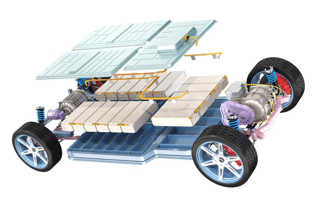 Exploded view of an EV battery pack and chassis showing fastener joints