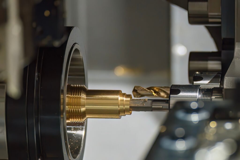 CNC lathe drilling a brass turned part